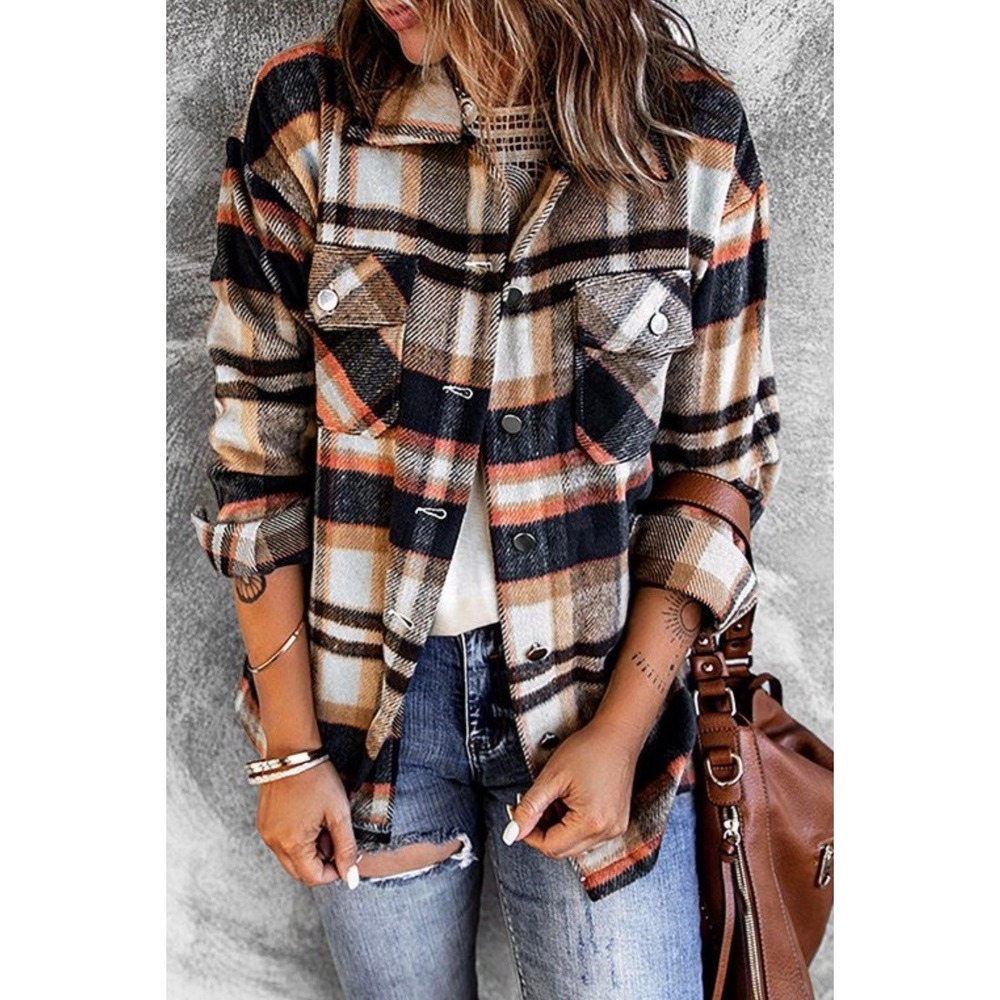 Womens Plaid Flannel Shirt Jacket BeachLoungeLunch Orange Brown White - Picture 3 of 13